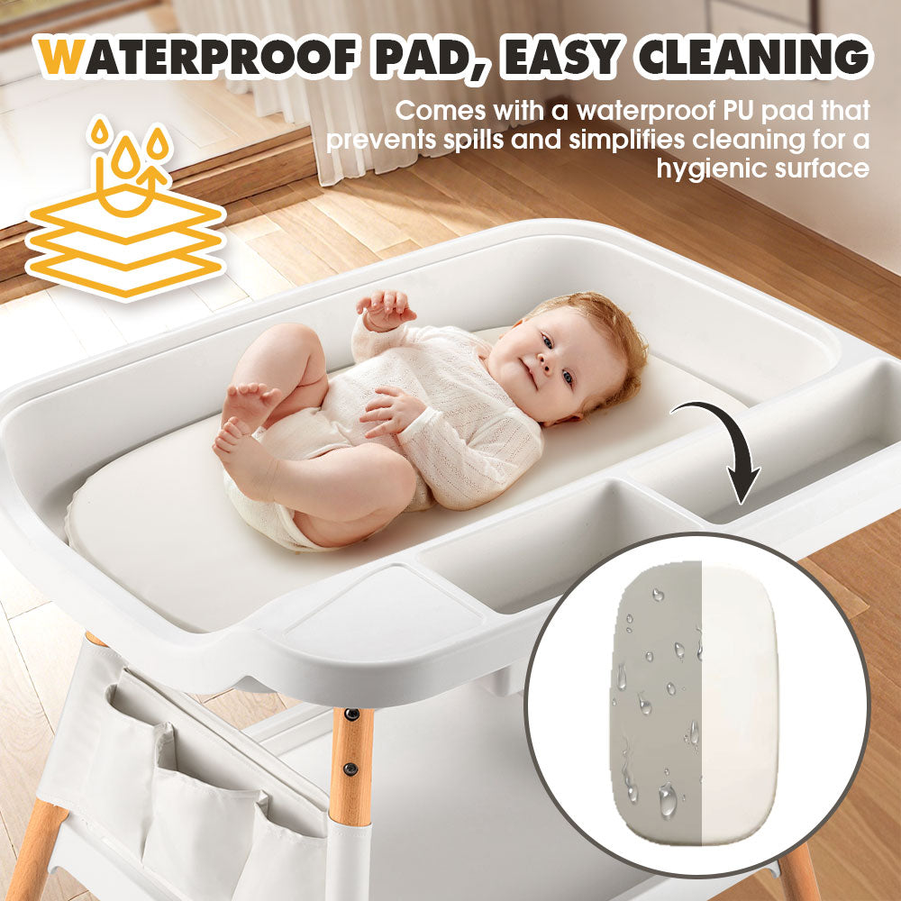 PlayPals Baby Changing Table w/ Wheels Adjustable Height Beech Wood Diaper Change - Sunyee