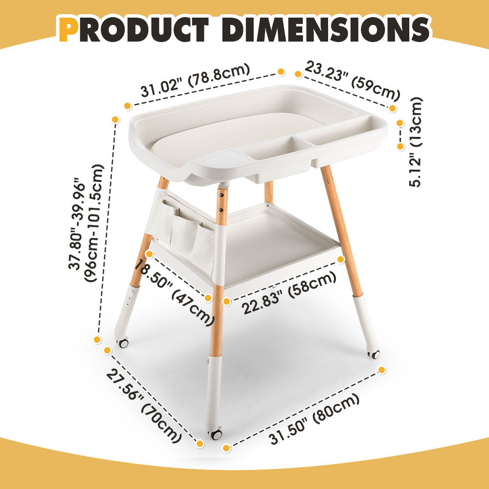 PlayPals Baby Changing Table w/ Wheels Adjustable Height Beech Wood Diaper Change - Sunyee