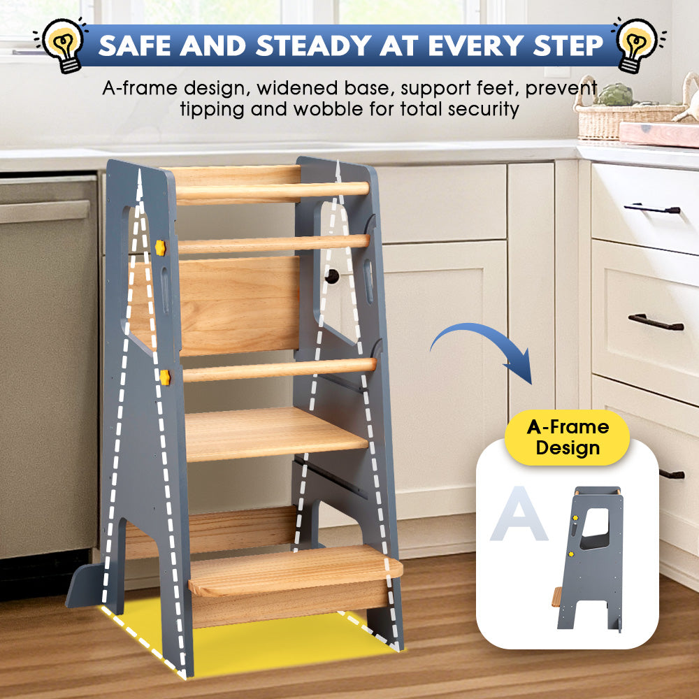 PlayPals Toddler Learning Tower Adjustable Height Step Stool Anti-Slip Grey - Sunyee