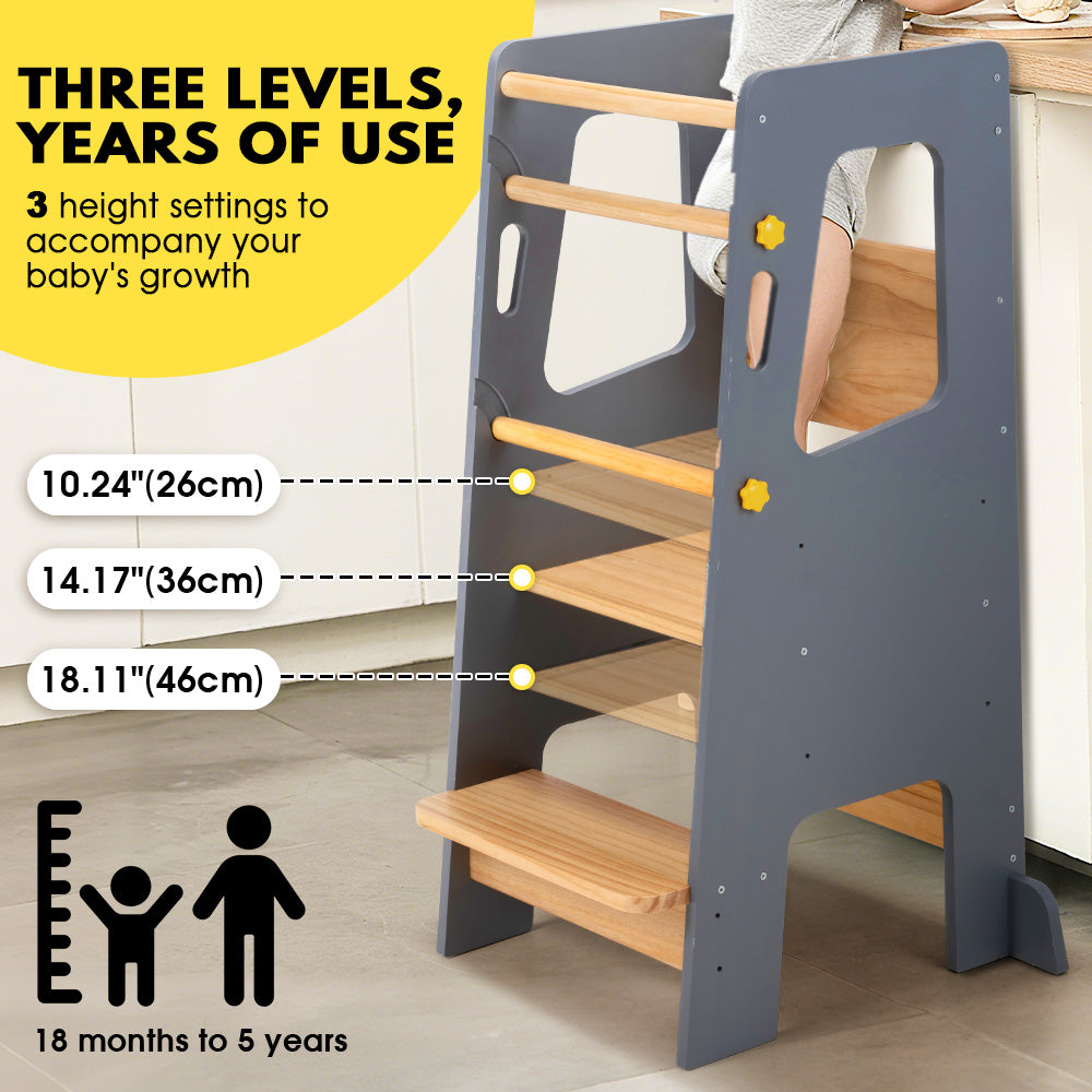 PlayPals Toddler Learning Tower Adjustable Height Step Stool Anti-Slip Grey - Sunyee