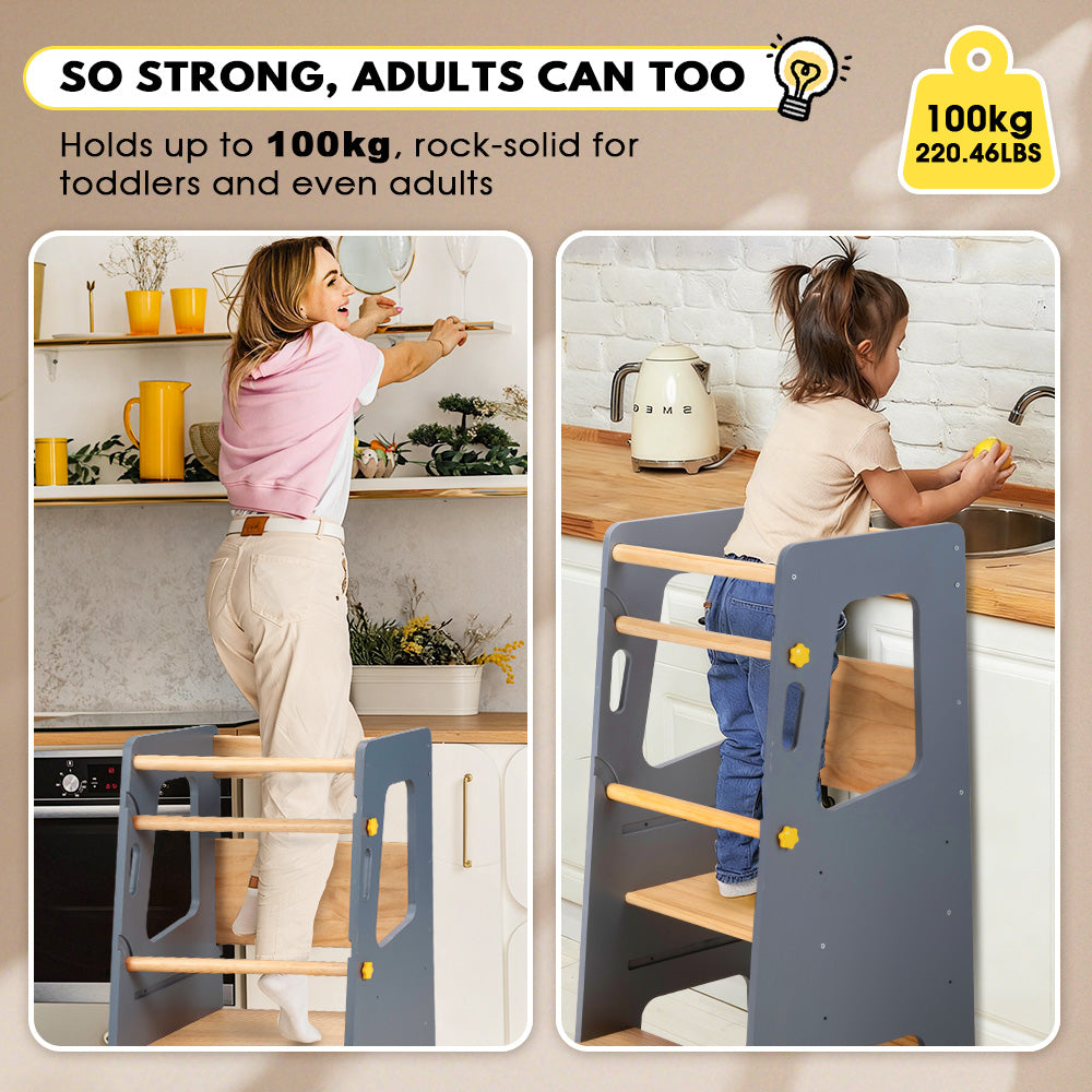 PlayPals Toddler Learning Tower Adjustable Height Step Stool Anti-Slip Grey - Sunyee