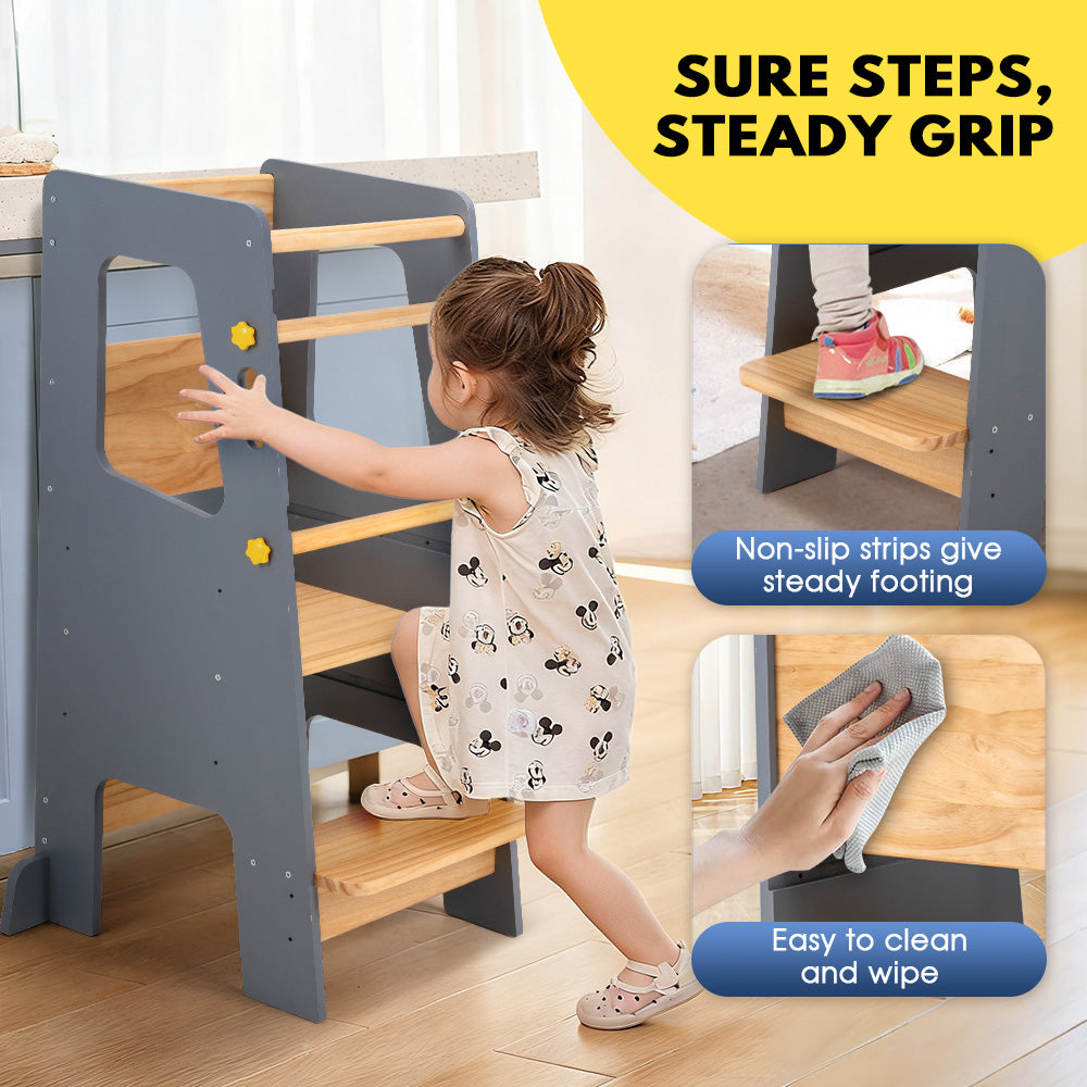 PlayPals Toddler Learning Tower Adjustable Height Step Stool Anti-Slip Grey - Sunyee