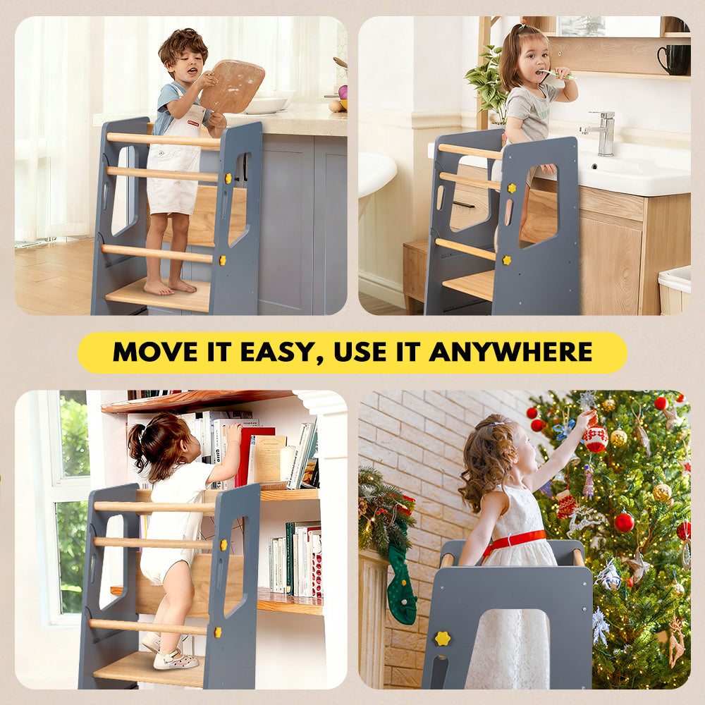 PlayPals Toddler Learning Tower Adjustable Height Step Stool Anti-Slip Grey - Sunyee