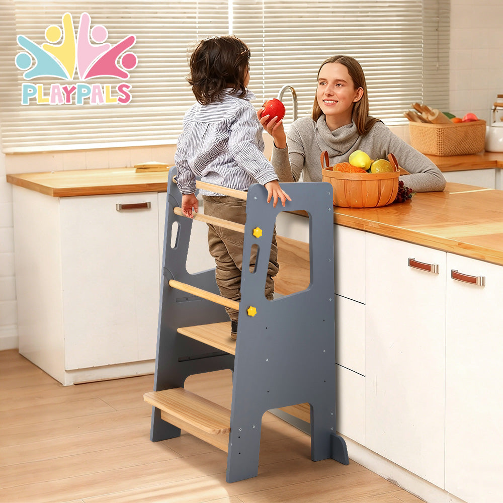 PlayPals Toddler Learning Tower Adjustable Height Step Stool Anti-Slip Grey - Sunyee