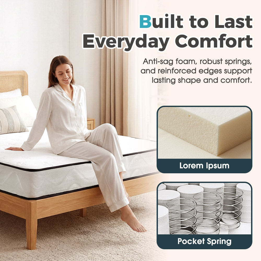 PlayPals 17CM Pocket Spring Mattress Plush Foam Medium Firm for Double - Sunyee