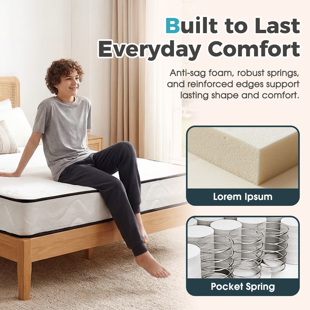 PlayPals 17CM Pocket Spring Mattress Plush Foam Medium Firm for King Single - Sunyee