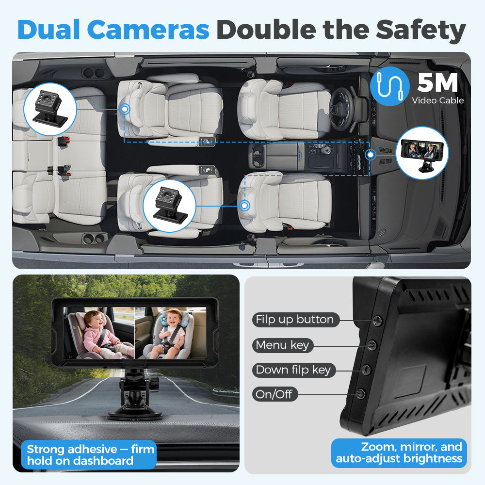 PlayPals Baby Car Camera Monitor 7" HD 1080P 2-Baby 360° Rotation Night Vision - Sunyee