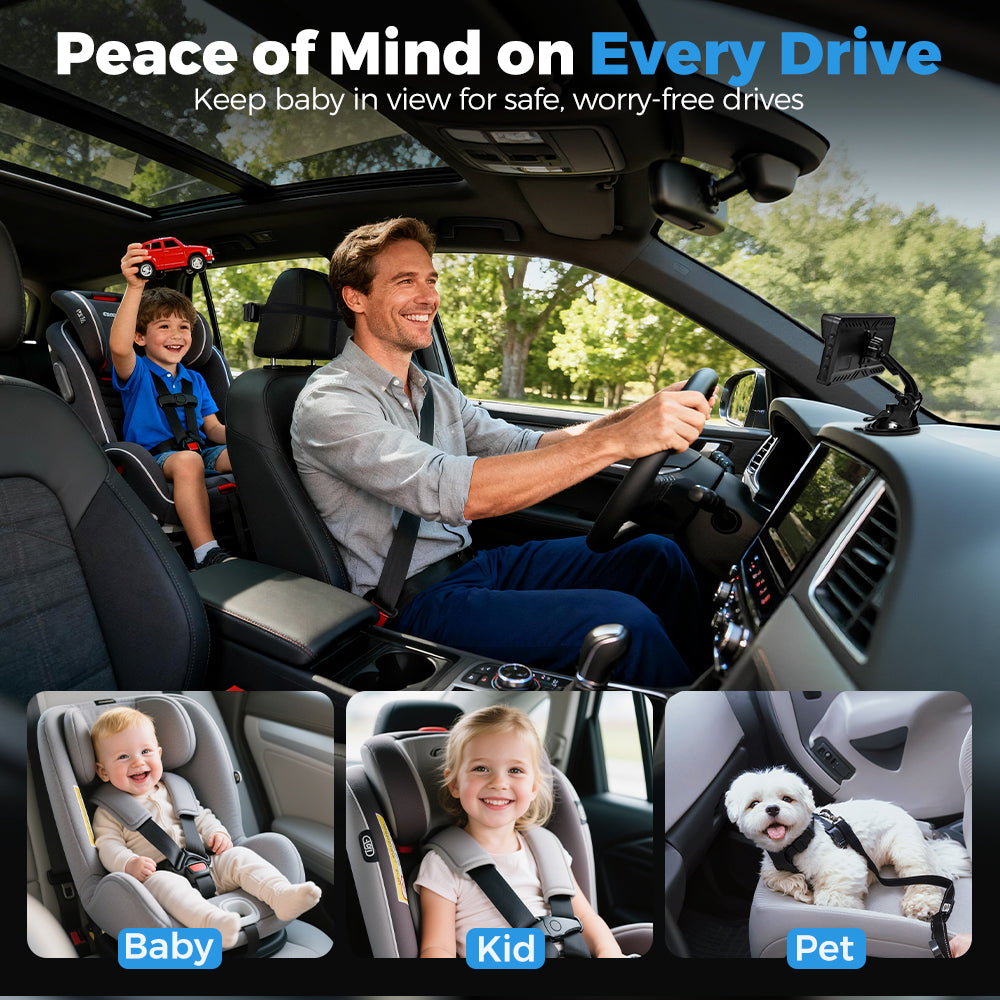 PlayPals Baby Car Camera Monitor 7" HD 1080P 2-Baby 360° Rotation Night Vision - Sunyee