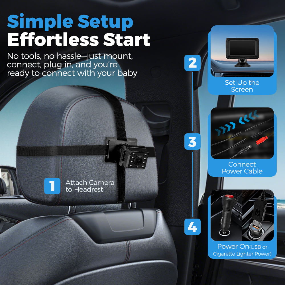 PlayPals Baby Car Camera 4.3" HD 1080P Baby Monitor 360° Rotation Night Vision - Sunyee