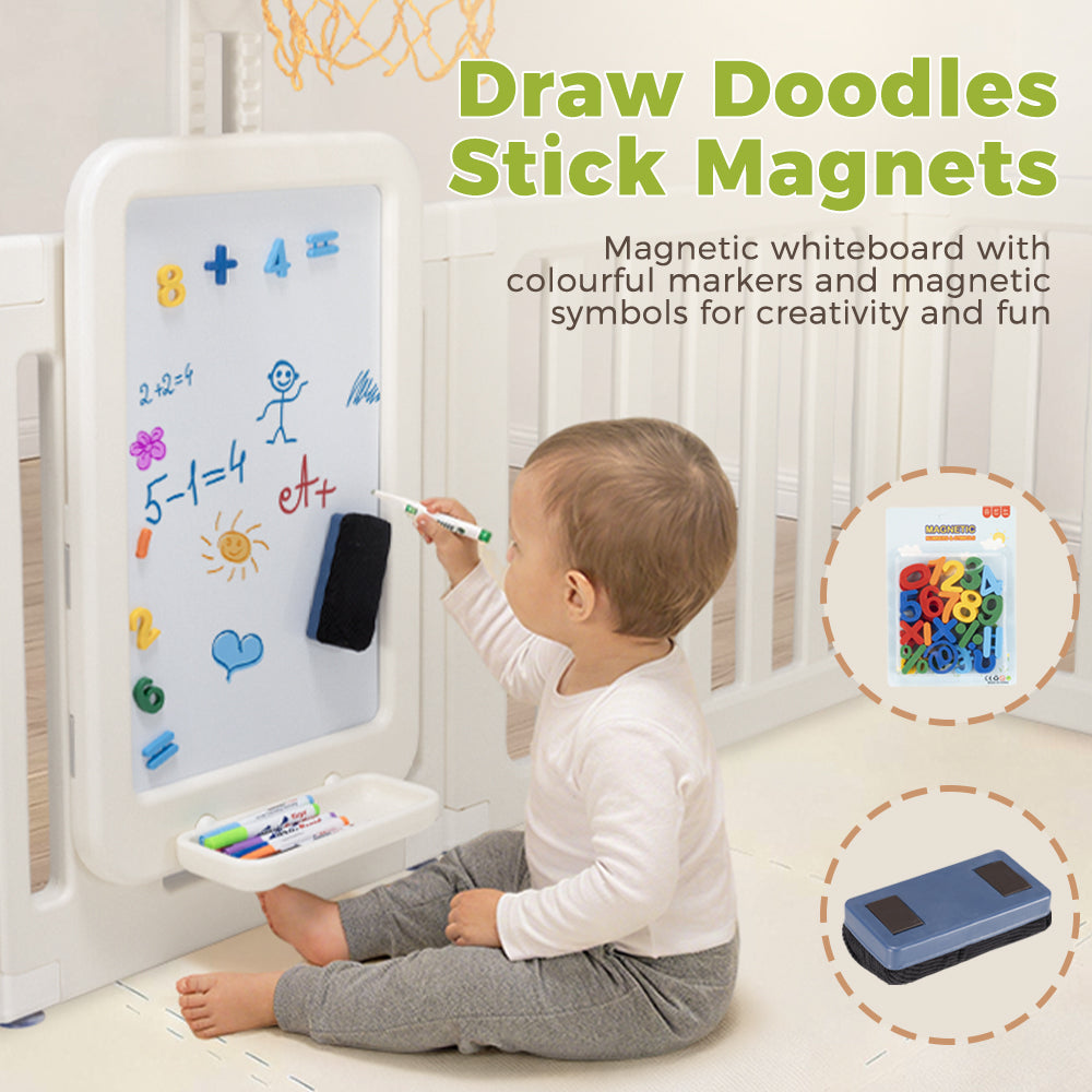 Playpals Kids Playpen Baby Safety Gate with Drawing Whiteboard Basketball Hoop - Sunyee