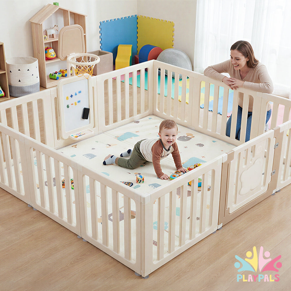 Playpals Kids Playpen Baby Safety Gate with Drawing Whiteboard Basketball Hoop