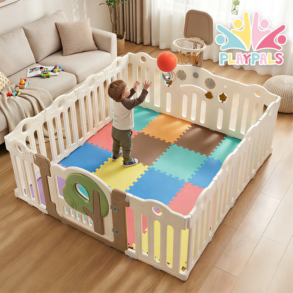 Playpals Kids Playpen Foldable Baby Safety Gate with Shoot Hoops Ring Toss - Sunyee
