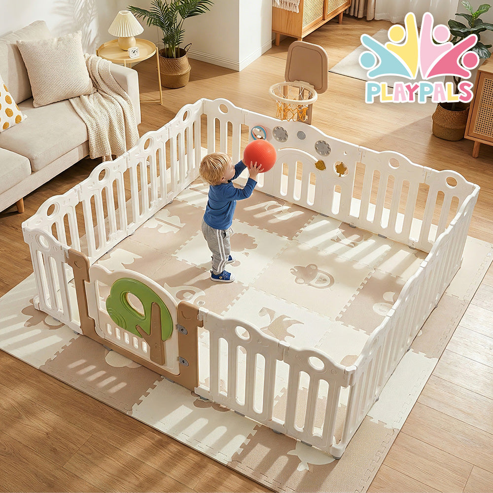 Playpals Kids Playpen Foldable Baby Safety Gate with Shoot Hoops Ring Toss - Sunyee