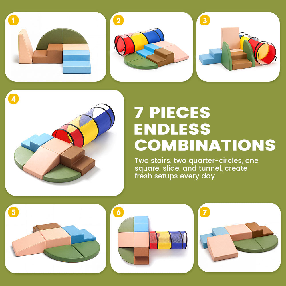 Playpals PU Leather Kids Foam Climbing Blocks w/Play Tunnel Classic/Pastel Color