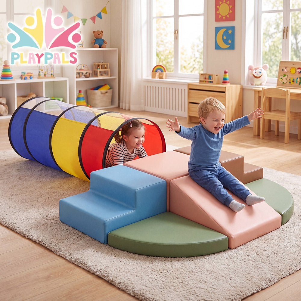 Playpals PU Leather Kids Foam Climbing Blocks w/Play Tunnel Classic/Pastel Color