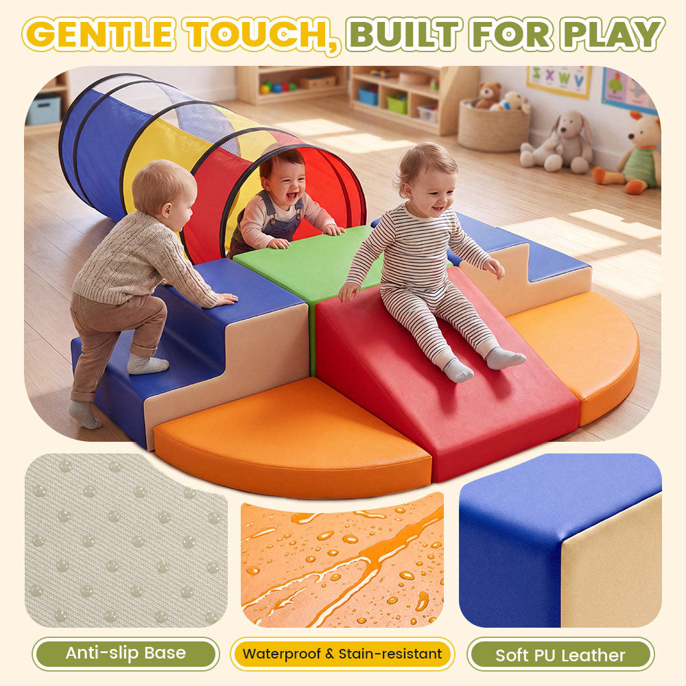 Playpals PU Leather Kids Foam Climbing Blocks w/Play Tunnel Classic/Pastel Color