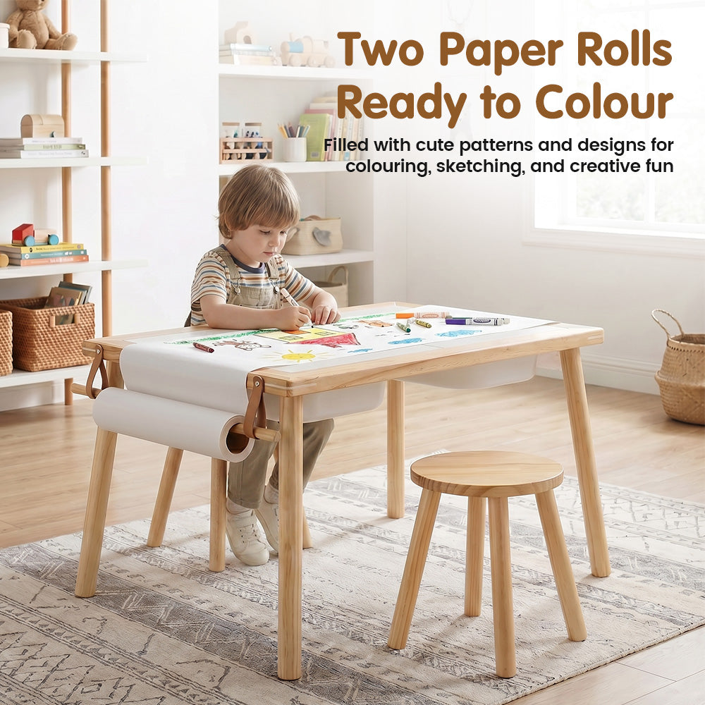 PlayPals Sensory Table Set Wooden w/ Double-Sided Board 2 Stools Storage Bins - Sunyee