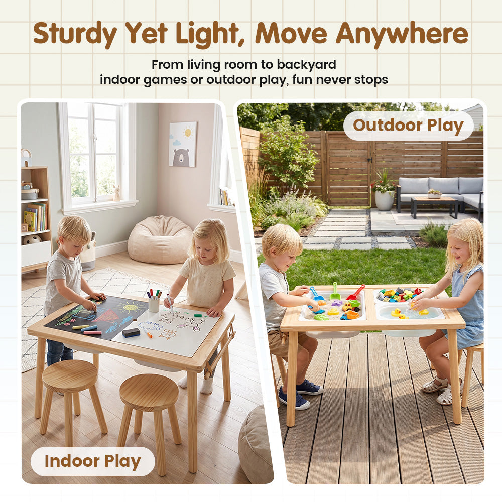 PlayPals Sensory Table Set Wooden w/ Double-Sided Board 2 Stools Storage Bins - Sunyee