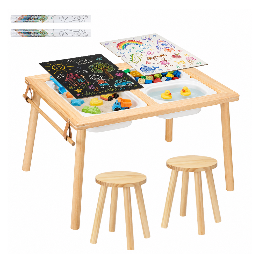 PlayPals Sensory Table Set Wooden w/ Double-Sided Board 2 Stools Storage Bins - Sunyee