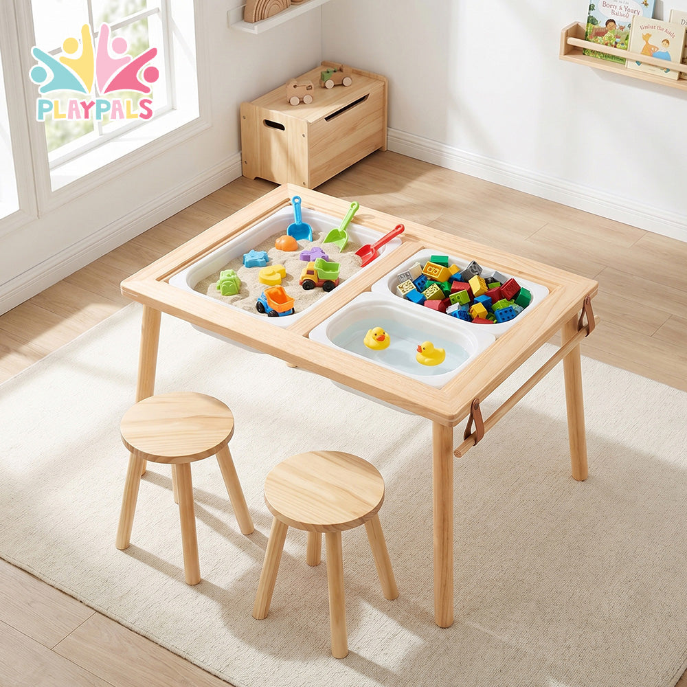 PlayPals Sensory Table Set Wooden w/ Double-Sided Board 2 Stools Storage Bins - Sunyee