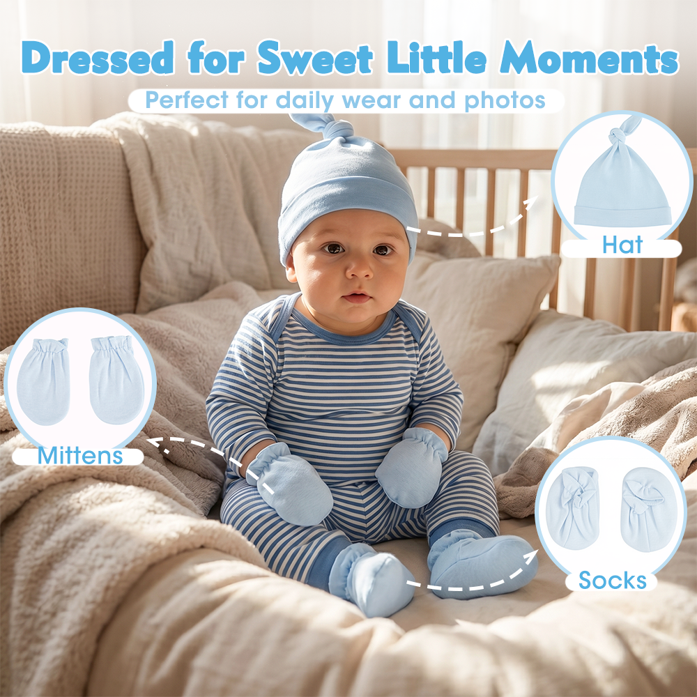Playpals Newborn Baby Gift Set for Boys Girls Swaddle/Rattle/Hat/Socks/Bib Blue - Sunyee