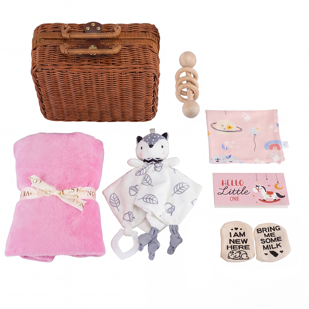 Playpals Newborn Baby Gift Set Flannel Banket/Rattle/Comforter/Bib/Socks Pink - Sunyee