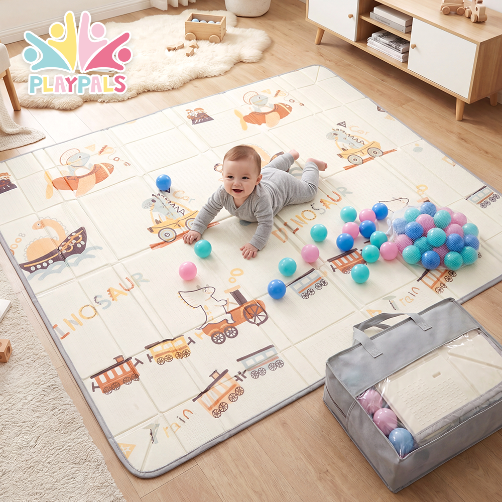 Playpals Foldable Baby Play Mat w/ Pit Balls XPE Foam Two Sides Dinosaur Outing