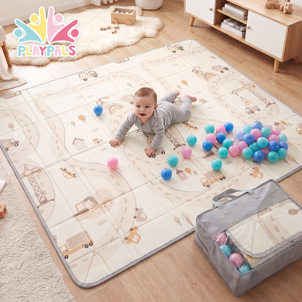 Playpals Foldable Baby Play Mat with Pit Balls XPE Foam Two Sides Rainbow Convoy