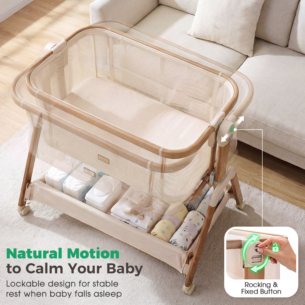 PlayPals Bassinet Bedside Crib w/ Mosquito Net & Storage Basket Brown