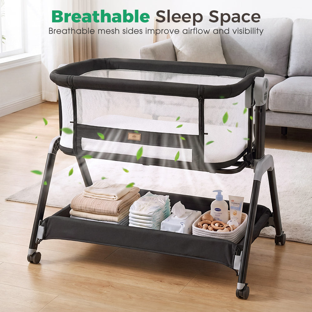 PlayPals Bassinet Bedside Crib w/ Mosquito Net & Storage Basket Brown