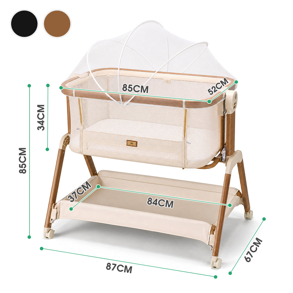PlayPals Bassinet Bedside Crib w/ Mosquito Net & Storage Basket Brown