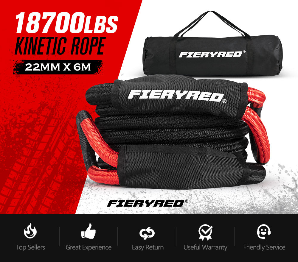 Fieryred Kinetic Rope 22mm x 6m/9m Snatch Strap Recovery Kit Dyneema Tow Winch - Sunyee