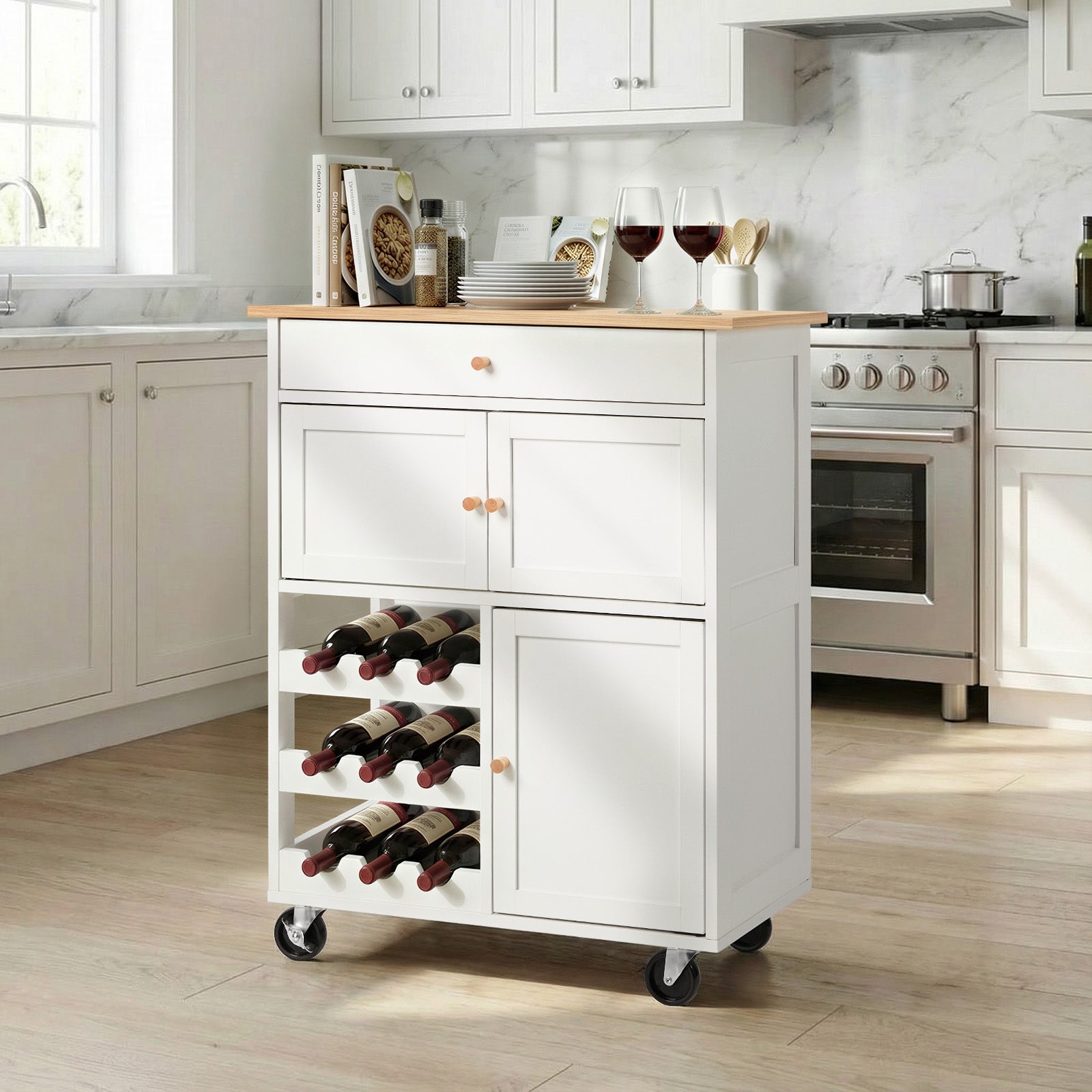 Oikiture Kitchen Island Trolley Rolling Serving Cart Storage Drawer w/ Wine Rack - Sunyee