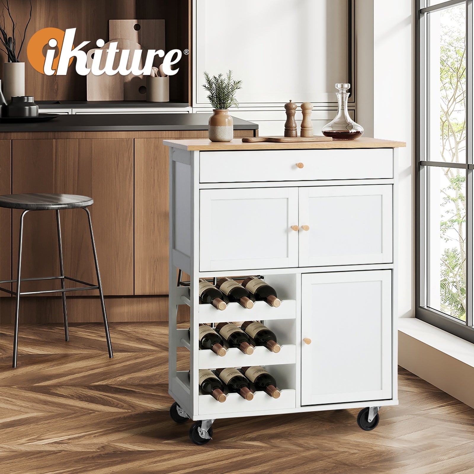 Oikiture Kitchen Island Trolley Rolling Serving Cart Storage Drawer w/ Wine Rack - Sunyee