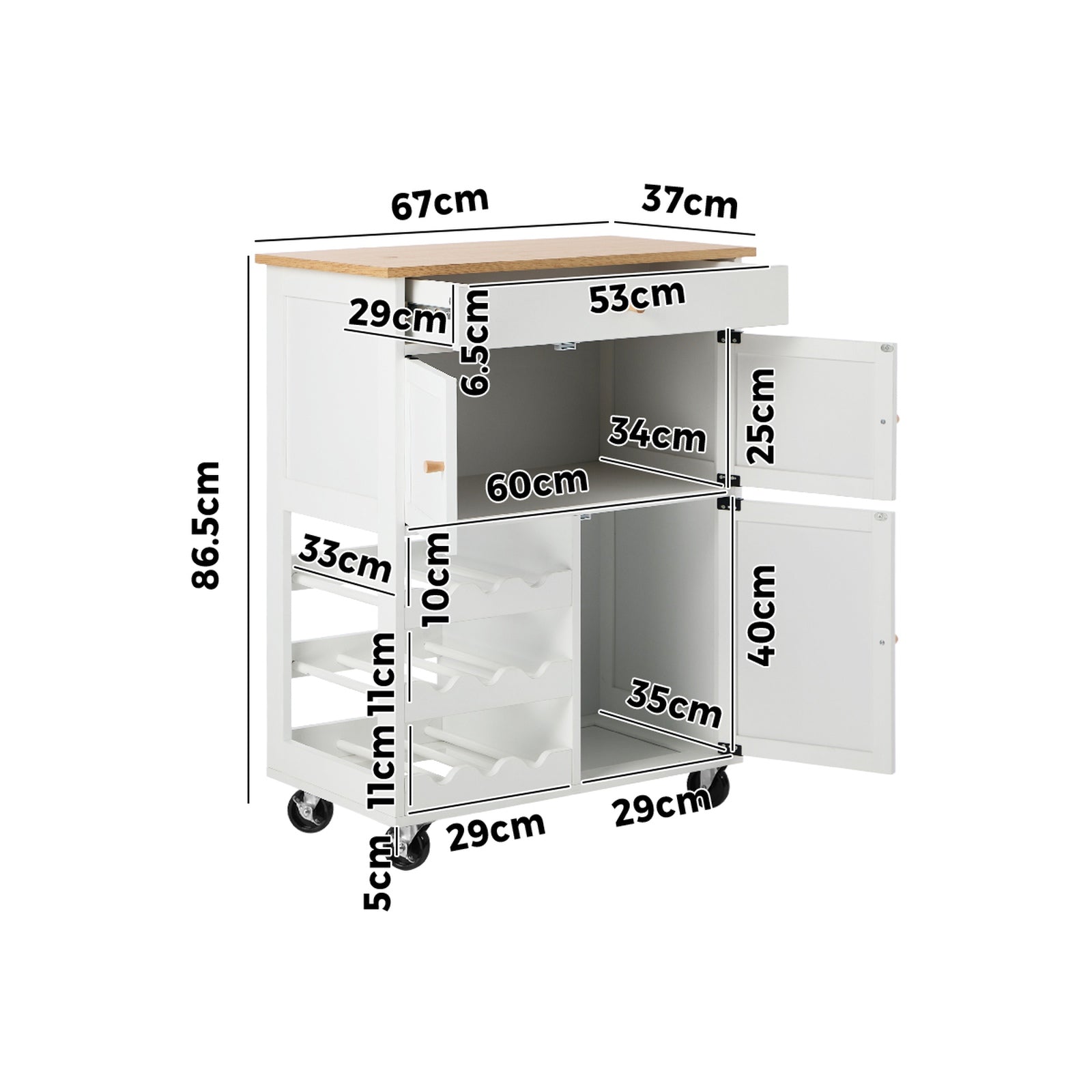 Oikiture Kitchen Island Trolley Rolling Serving Cart Storage Drawer w/ Wine Rack - Sunyee