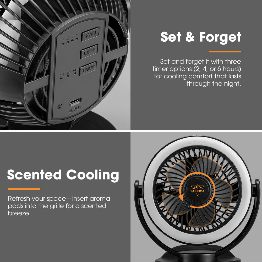 2X 3X 4X San Hima 10000mAh Camping Fan Portable W/ LED Light USB Rechargeable Clip On - Sunyee