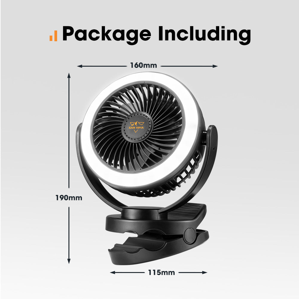 San Hima 10000mAh Portable Camping Fan Rechargeable Clip On Fan With LED Light - Sunyee