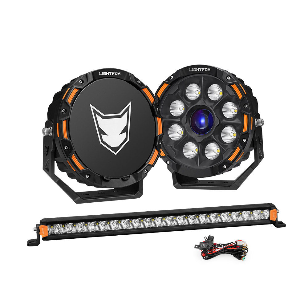 Lightfox 9 inch Osram Laser LED Driving Lights + 20 inch Single Row LED Light Bar + Wiring Kit - Sunyee