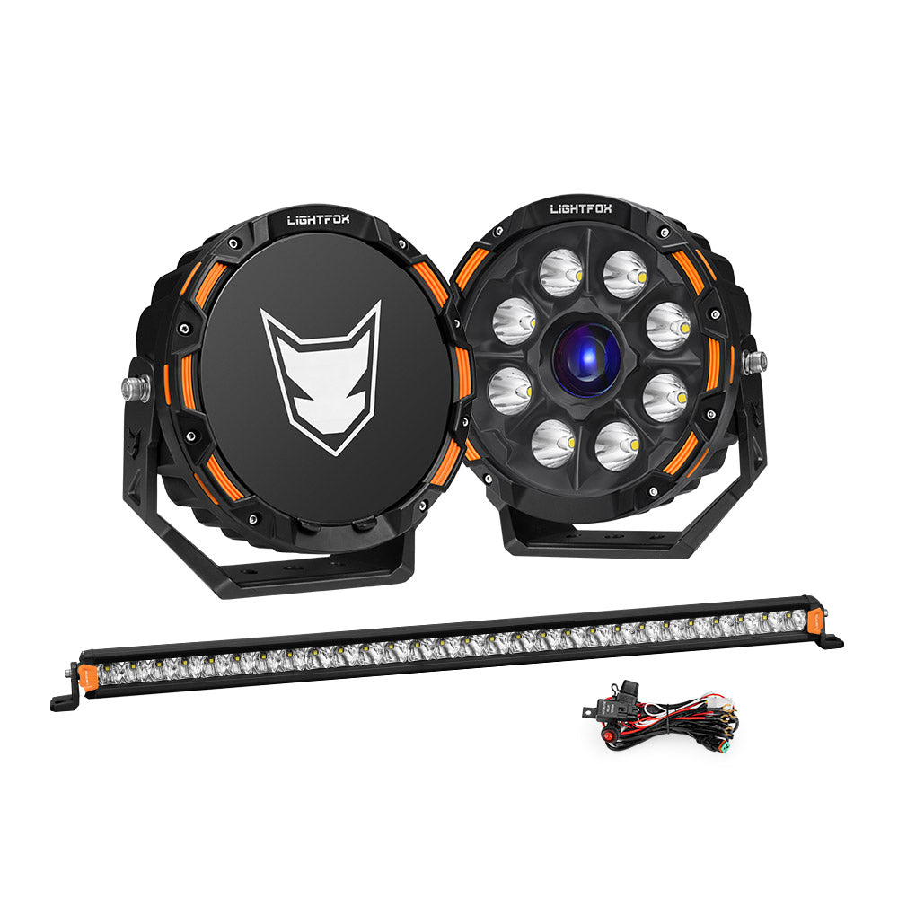 Lightfox 9 inch Osram Laser LED Driving Lights + 28 inch LED Light Bar + Wiring Kit - Sunyee