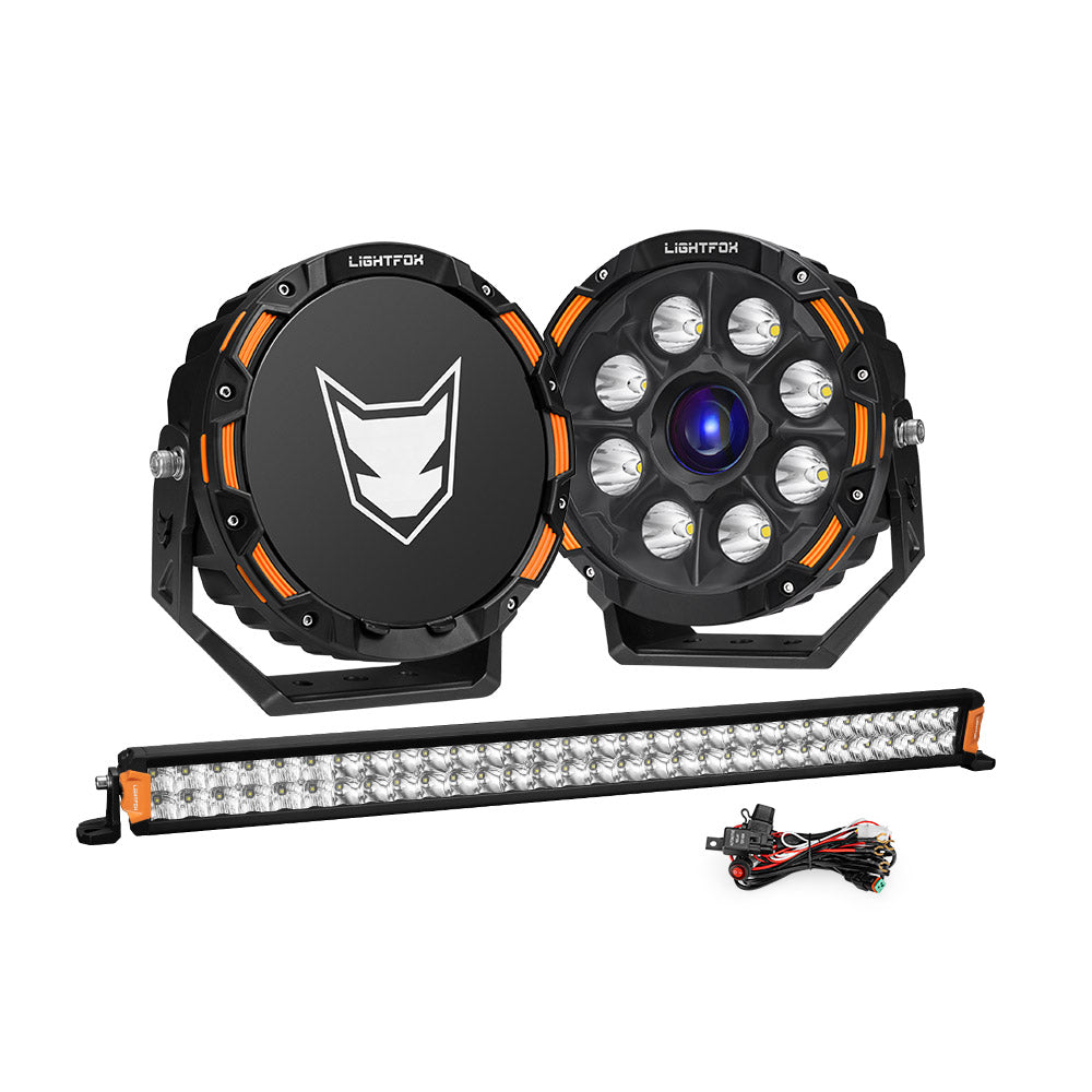 Lightfox 9 inch Osram Laser LED Driving Lights + 30 inch LED Light Bar + Wiring Kit - Sunyee