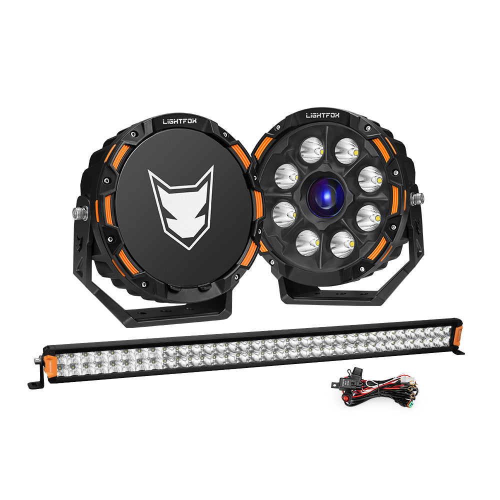 Lightfox 9 inch Osram Laser LED Driving Lights + 40 inch LED Dual Row Light Bar + Wiring Kit - Sunyee