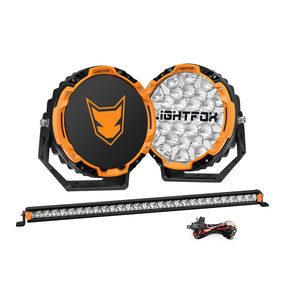 Lightfox 9 inch Osram LED Driving Lights + 28 inch Single Row LED Light Bar + Wiring Kit - Sunyee