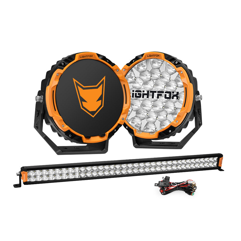 Lightfox 9 inch Osram LED Driving Lights + 40 inch Dual Row LED Light Bar + Wiring Kit - Sunyee