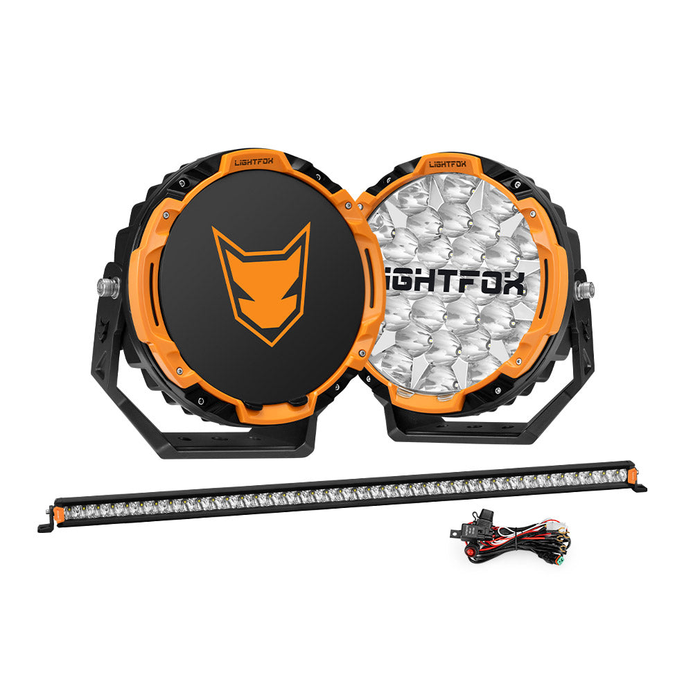 Lightfox 9 inch Osram LED Driving Lights + 40 inch Single Row LED Light Bar + Wiring Kit - Sunyee