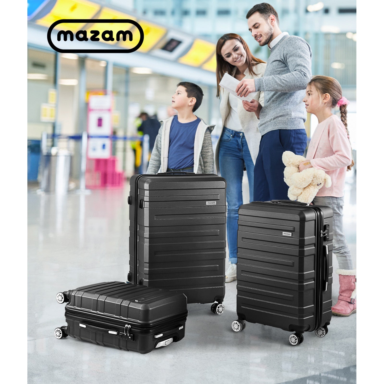 Mazam 3PCS Luggage Suitcase Trolley Set Travel TSA Lock Storage Hard Case Black - Sunyee