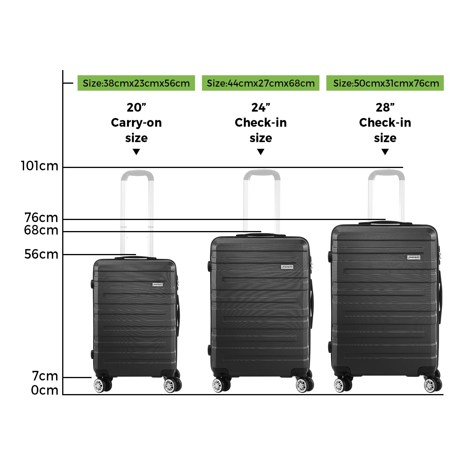 Mazam 3PCS Luggage Suitcase Trolley Set Travel TSA Lock Storage Hard Case Black - Sunyee