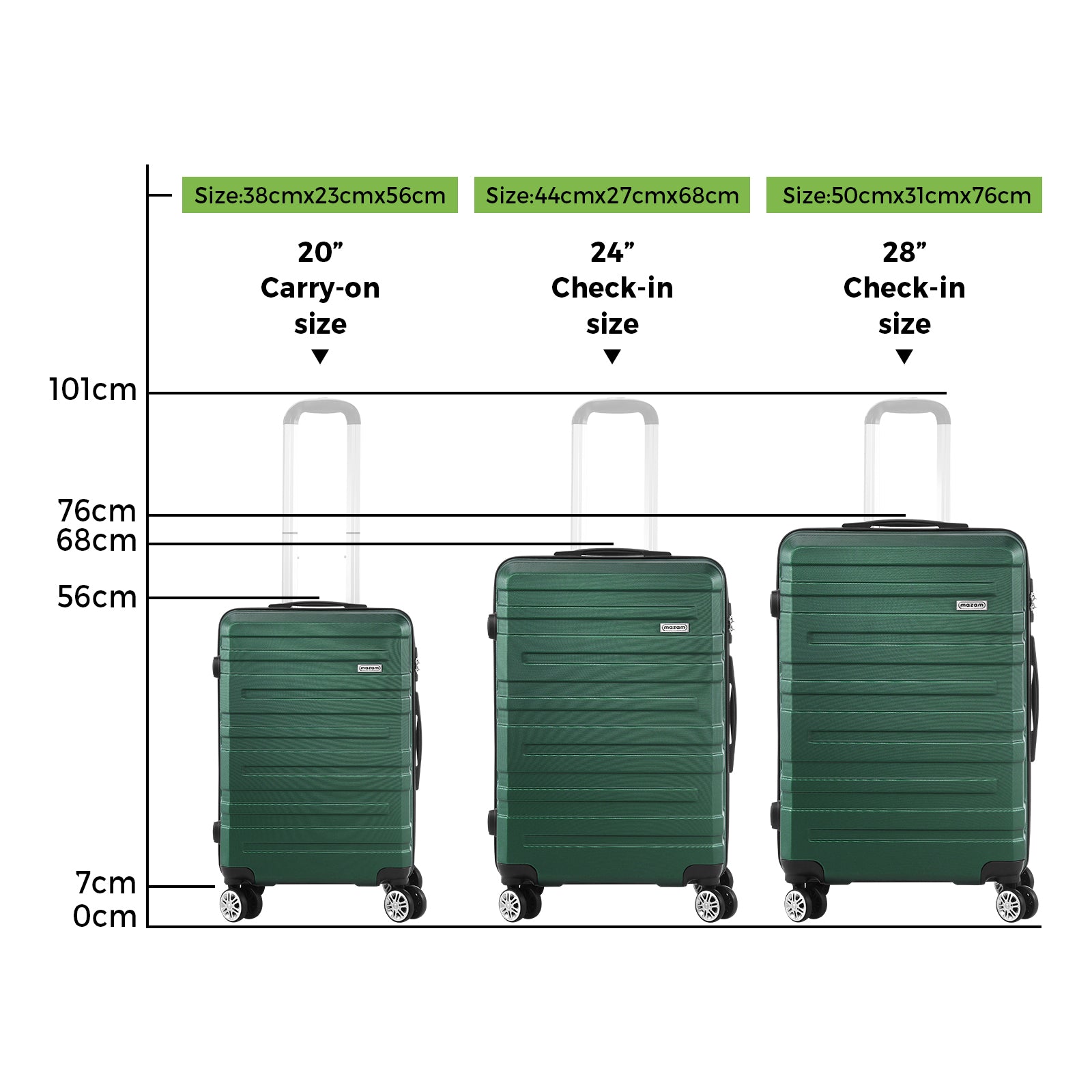 Mazam 3PCS Luggage Suitcase Trolley Set Travel TSA Lock Storage Hard Case Green - Sunyee