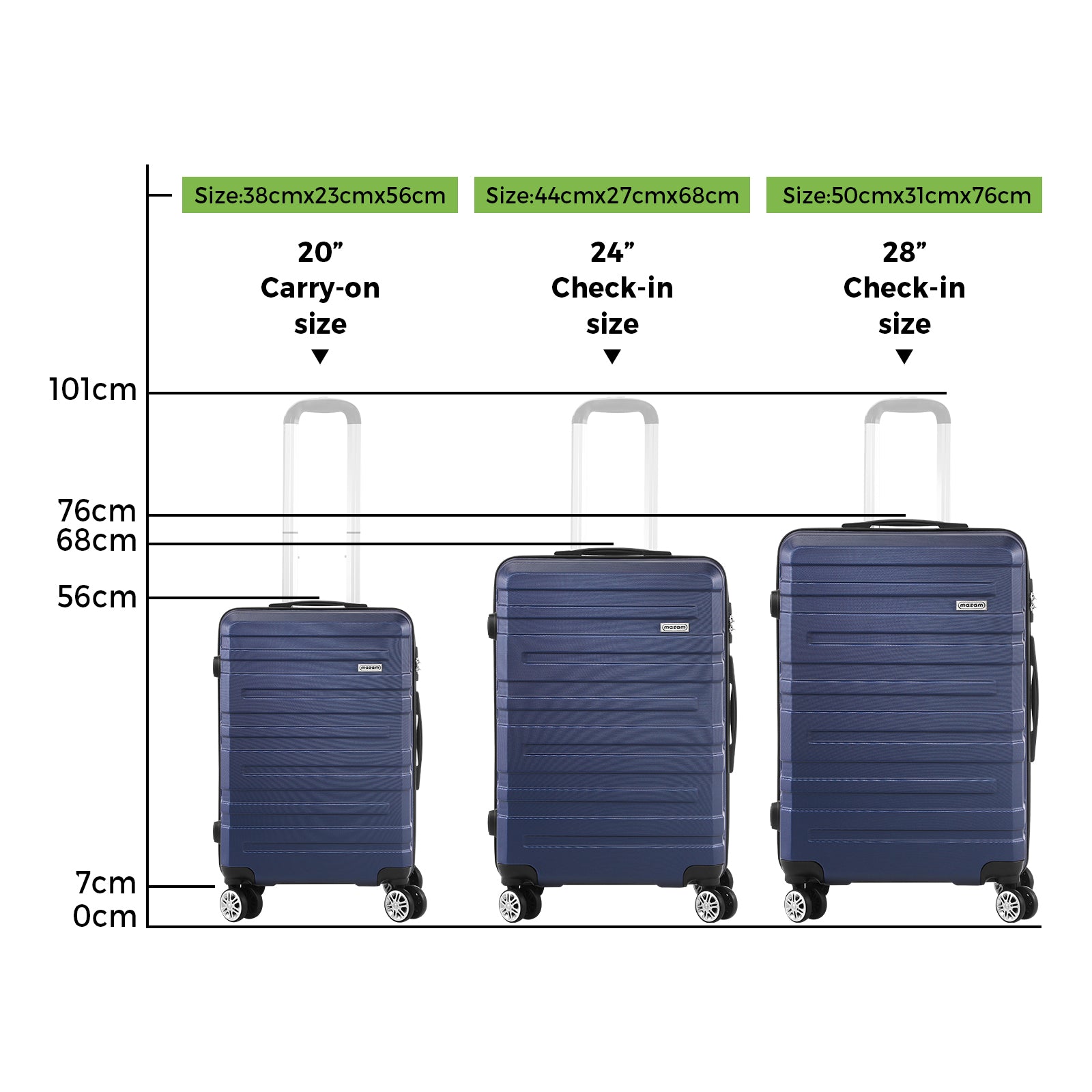 Mazam 3PCS Luggage Suitcase Trolley Set Travel TSA Lock Storage Hard Case Navy - Sunyee