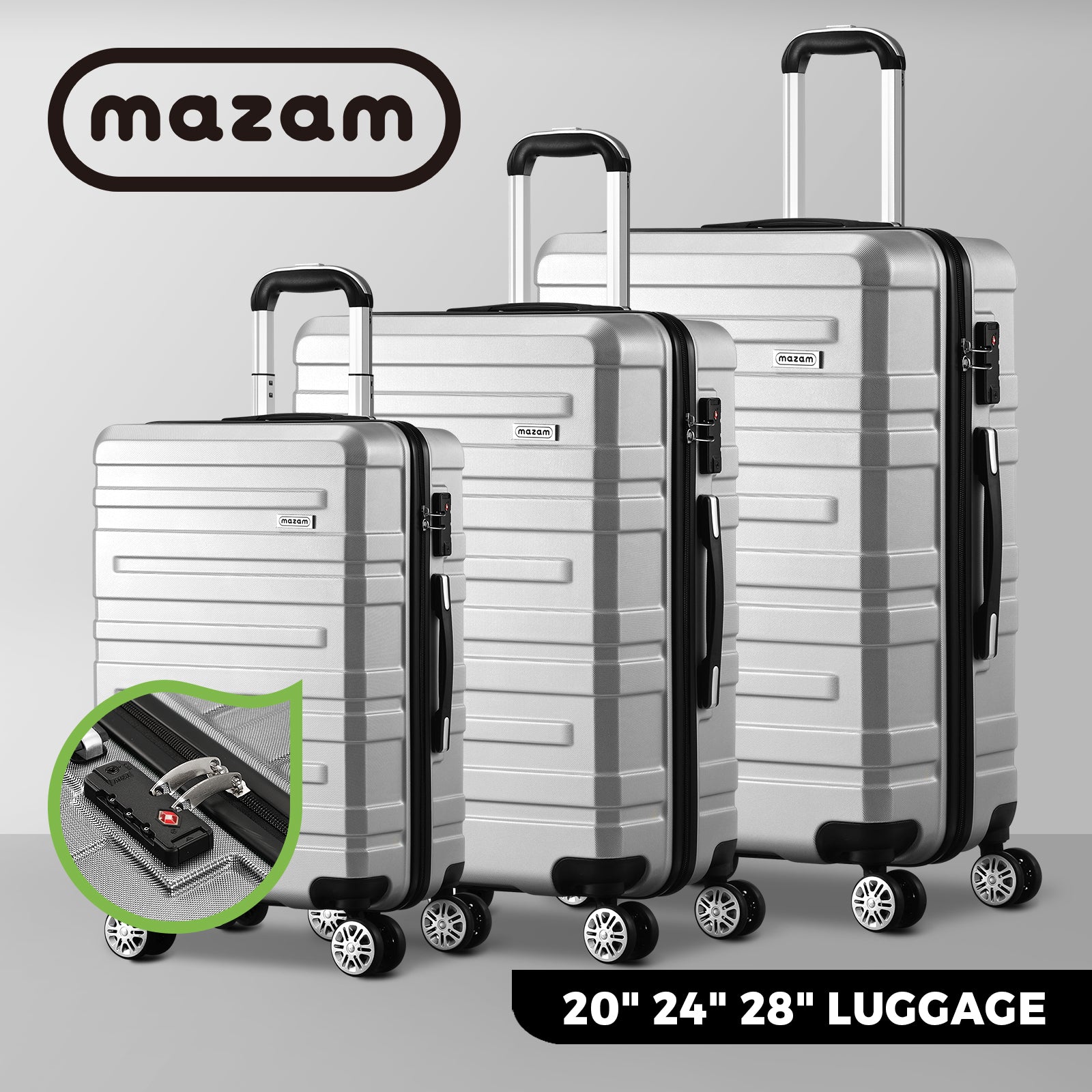 Mazam 1/3PCS Luggage Suitcase Trolley Set Travel TSA Lock Storage Hard Case - Sunyee