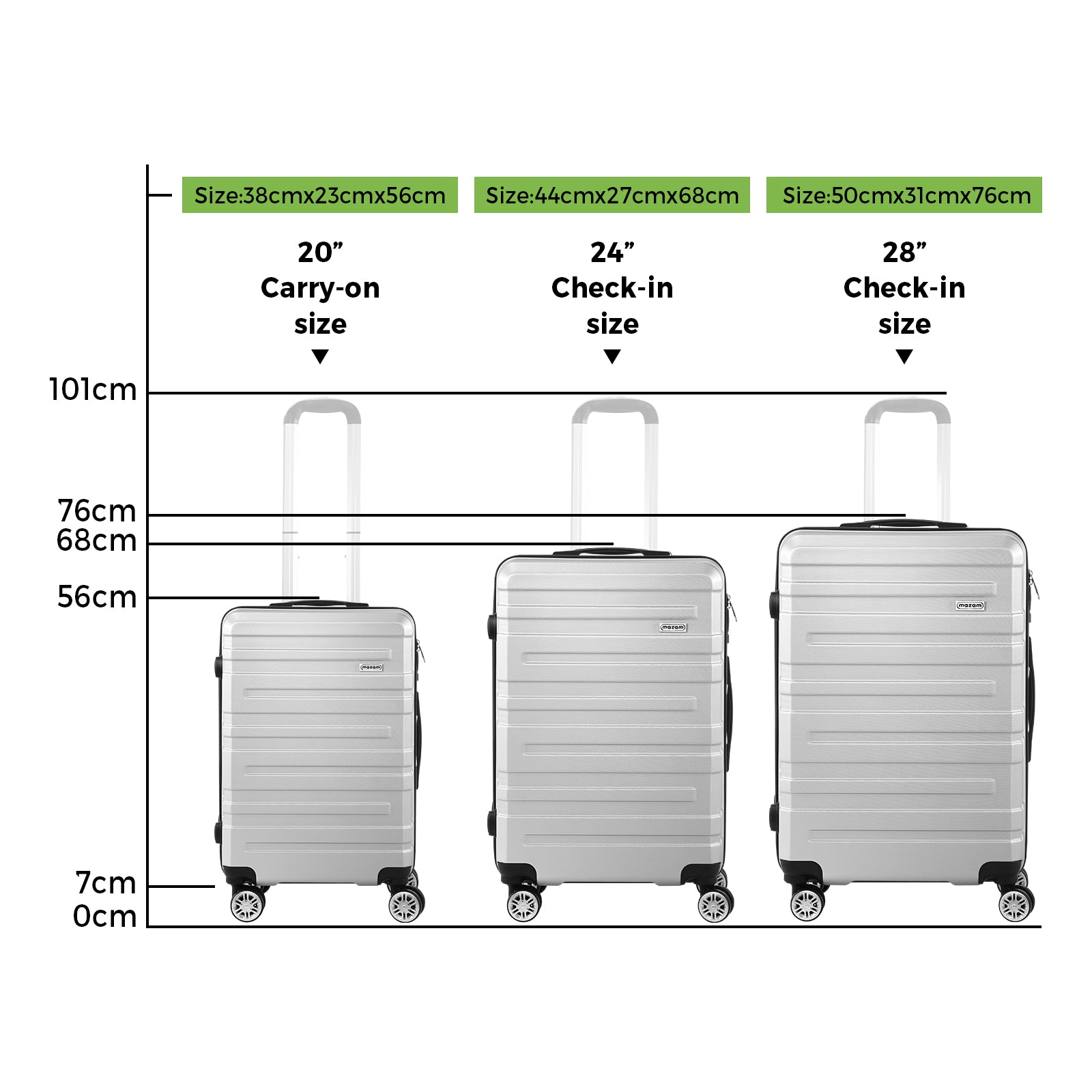 Mazam 3PCS Luggage Suitcase Trolley Set Travel TSA Lock Storage Hard Case Silver - Sunyee